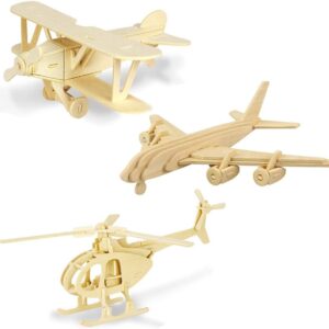 3D Wooden Puzzles for Kids Toys Construction Woodcraft Kits DIY Model Puzzle Kits Birthday Gifts Pack of 3 (Biplane Helicopter Civil Airplane)