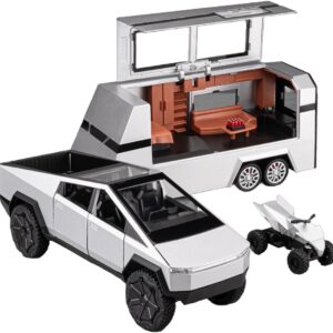 1/24 Large Pickup Truck Toy with Motorhome and Motorcycle, Diecast Pickup Truck Trailer  Alloy Model Collection Vehicles for Kids Adults Birthday Gift (Silver)