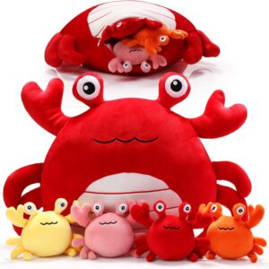 5 Pcs Crab Plush Toys Set 14 Inch Large Crab Stuffed Animal Plush Pillow with 4 Baby Crab Plushies Birthday Gifts for Girls Boys Under The Sea Ocean Party Favor Decorations