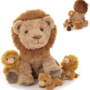 Lion Stuffed Animal Set - 17.7-Inch Lion with 3 Cute Baby Lions Plush Animal, Backpack Design for Storing Small Lions, Stuffed Lion for Kids on Birthday,Christmas or Baby Shower