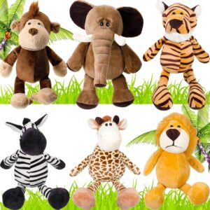 6 Pieces Stuffed Animals Plush Jungle Animal Toys Set for Boys Girls, Lion Elephant Zebra Giraffe Tiger Monkey for Animal Themed Parties Student Award Christmas (Cute Style)