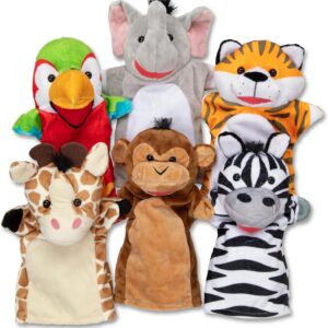 Hand Puppets, Set of 6 (Elephant, Tiger, Parrot, Giraffe, Monkey, Zebra) Soft, Plush Animal Hand Puppets For Toddlers And Kids Ages 2+